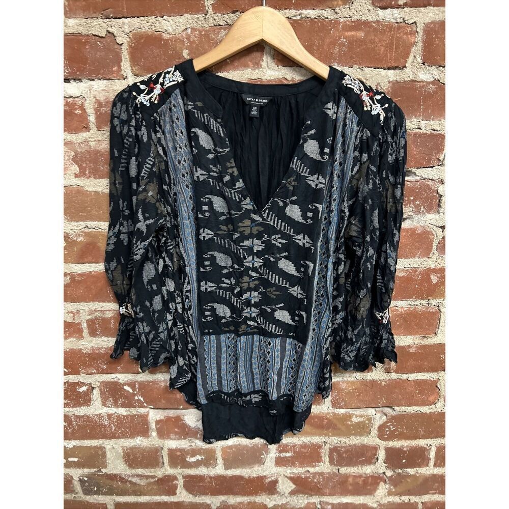 Lucky Brand Floral Print V Neck Long Sleeve Blouse Size Large
